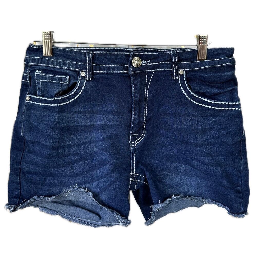 Bamboo Dark Wash Embellished Rhinestones Studs Cross Pockets Jean Shorts 13/14